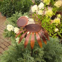 Aspectul hrănitorului pentru păsări în formă de echinacea, cu capacul deschis, în pepiniera noastră.