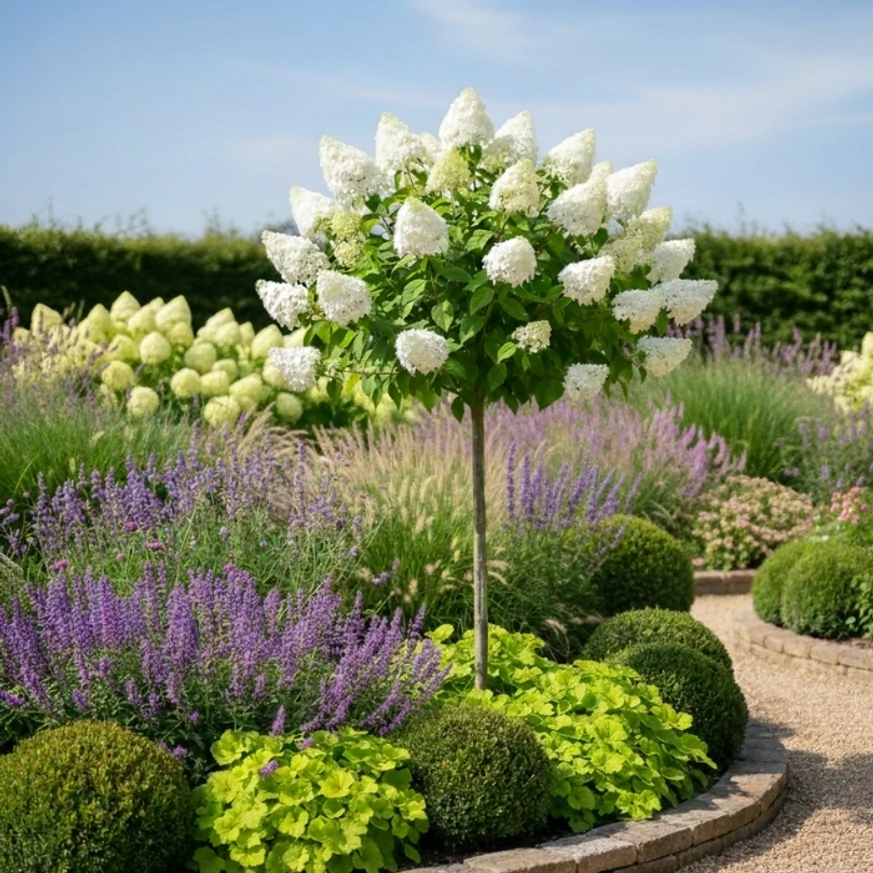 Vizualizare cu hortensia Polar Bear pe tulpină înaltă, printre plante ornamentale.