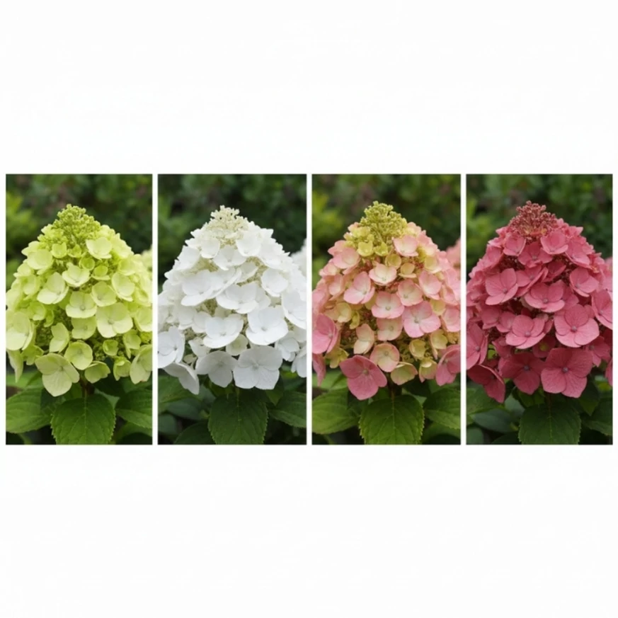 Transformarea culorii florilor hortensiei Sundae Fraise.