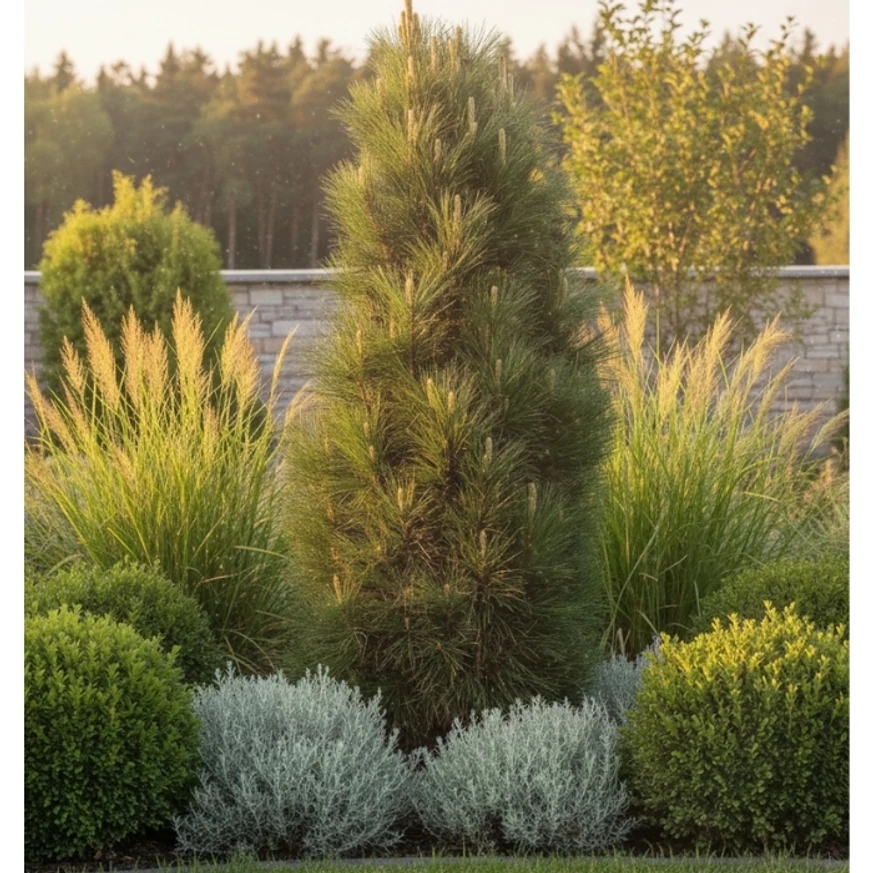 Pinus nigra Green Tower alături de ierburi ornamentale.